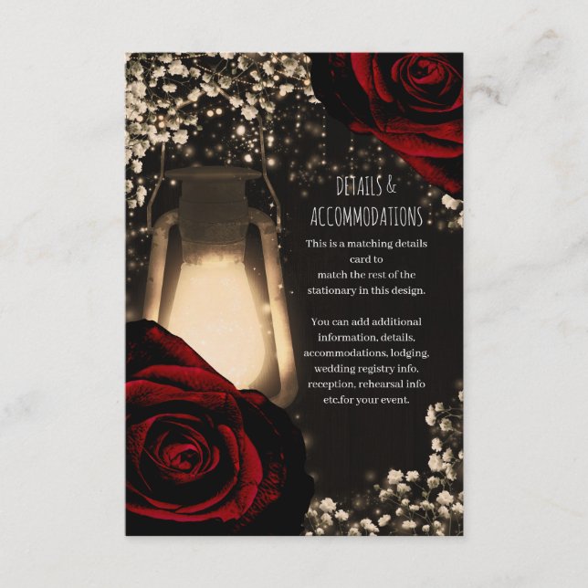 Rustic Glow Lantern Dark Red Roses Wedding Detail Enclosure Card (Front)