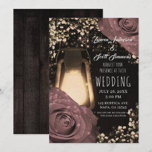 Rustic Glow Lantern & Dusty Pink Roses Wedding Invitation