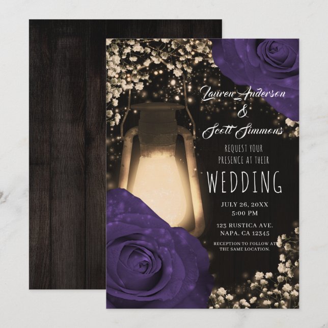Rustic Glow Lantern Eggplant Colour Roses Wedding  Invitation (Front/Back)