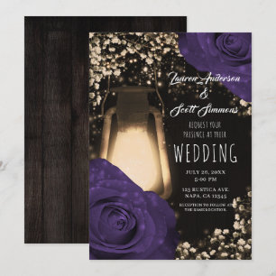 Rustic Glow Lantern Eggplant Colour Roses Wedding  Invitation