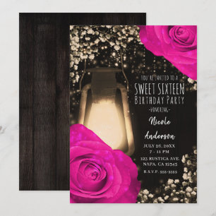 Rustic Glow Lantern & Fuchsia Hot Pink Sweet 16 Invitation