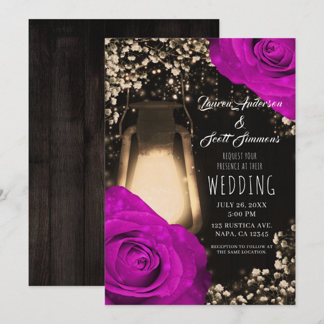 Rustic Glow Lantern & Fuchsia Wedding Invitation (Front/Back)
