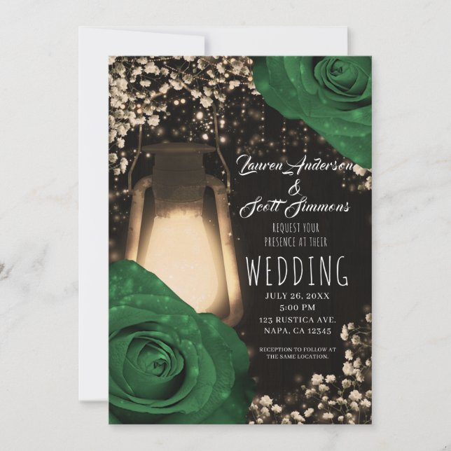 Rustic Glow Lantern Garden Green Roses Wedding Invitation (Front)