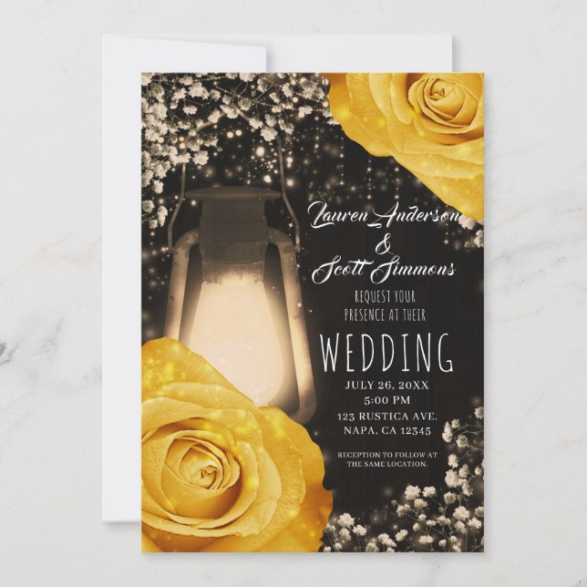 Rustic Glow Lantern Golden Yellow Roses Wedding  Invitation (Front)