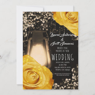 Rustic Glow Lantern Golden Yellow Roses Wedding  Invitation