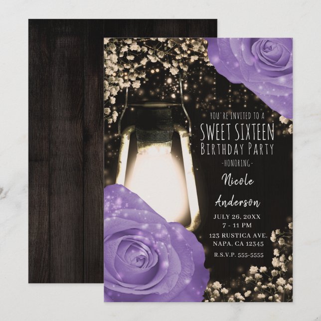 Rustic Glow Lantern Lavender Purple Roses Sweet 16 Invitation (Front/Back)