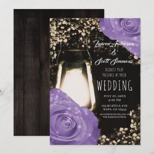 Rustic Glow Lantern Lavender Purple Roses Wedding  Invitation