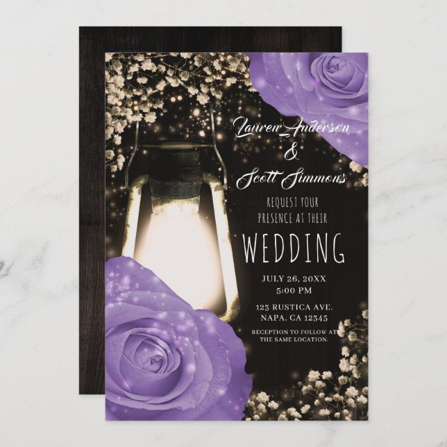 Rustic Glow Lantern Lavender Purple Roses Wedding  Invitation (Front/Back)