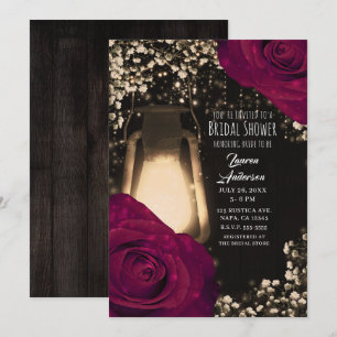 Rustic Glow Lantern Magenta Roses Bridal Shower Invitation
