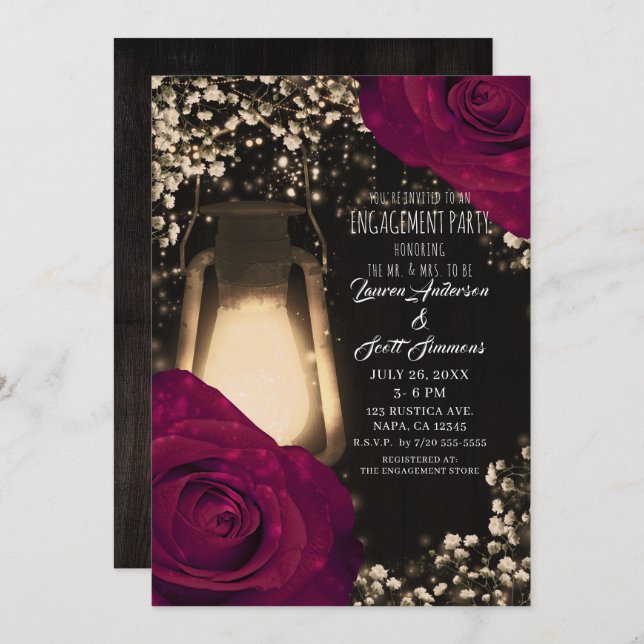 Rustic Glow Lantern Magenta Roses Engagement Party Invitation (Front/Back)