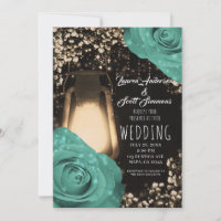 Rustic Glow Lantern Mint Green Roses Wedding Invi