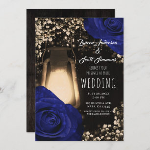 Rustic Glow Lantern & Navy Blue Roses Wedding Inv Invitation