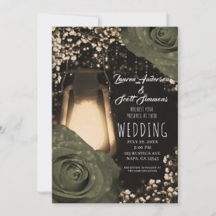 Rustic Glow Lantern Olive Sage Roses Wedding  Invi Invitation