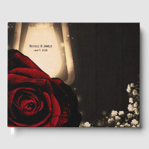 Rustic Glow Lantern Red Roses Floral Wedding  Guest Book