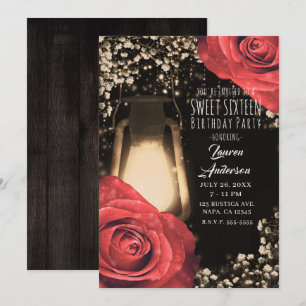 Rustic Glow Lantern & Red Roses Sweet 16 Invitation
