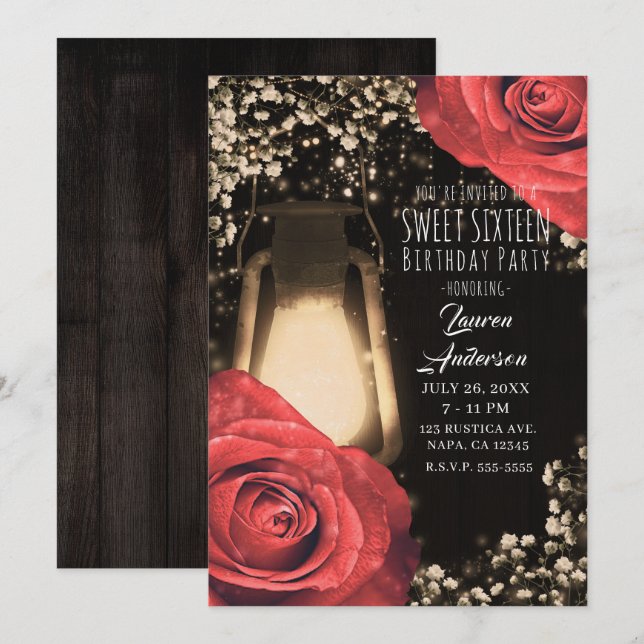 Rustic Glow Lantern & Red Roses Sweet 16 Invitation (Front/Back)