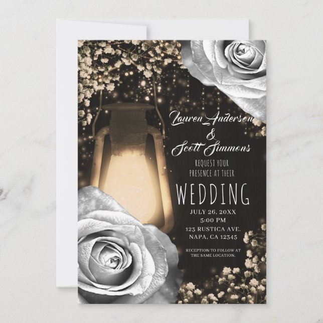 Rustic Glow Lantern Silver Grey Roses Wedding   Invitation (Front)