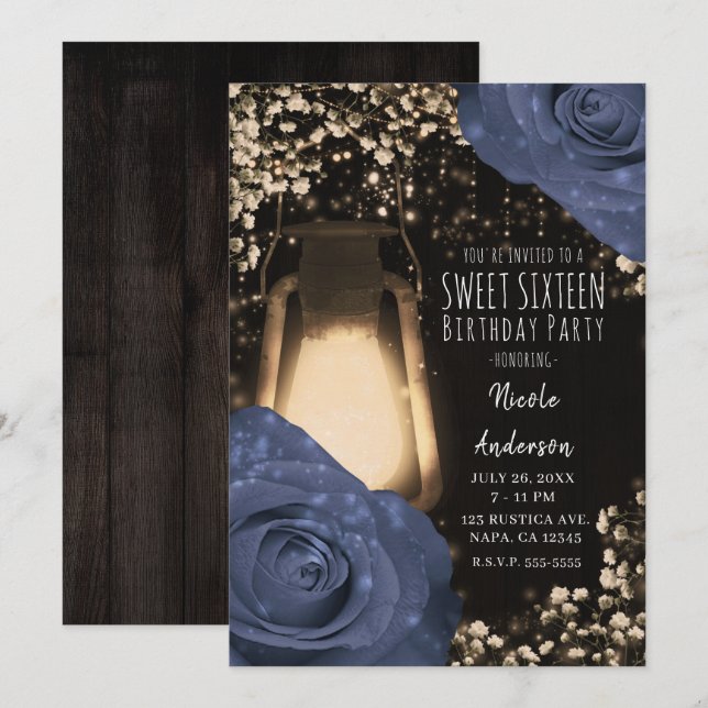 Rustic Glow Lantern & Steele Blue Roses Sweet 16 Invitation (Front/Back)