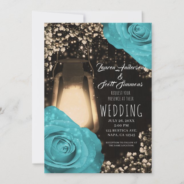 Rustic Glow Lantern Turquoise Blue Roses Wedding Invitation (Front)