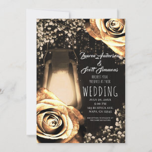 Rustic Glow Lantern Vintage Gold Roses Wedding Invitation