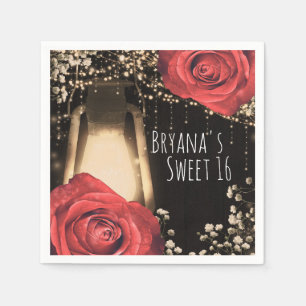 Rustic Glow Lantern Vintage Red Roses Barn Wood Napkin