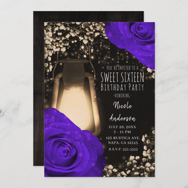 Rustic Glow Lantern & Violet Purple Roses Sweet 16 Invitation (Front/Back)