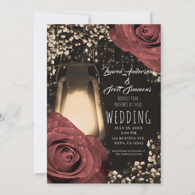 Rustic Glow Lantern Warm Rust Roses Wedding  Invit Invitation (Front)