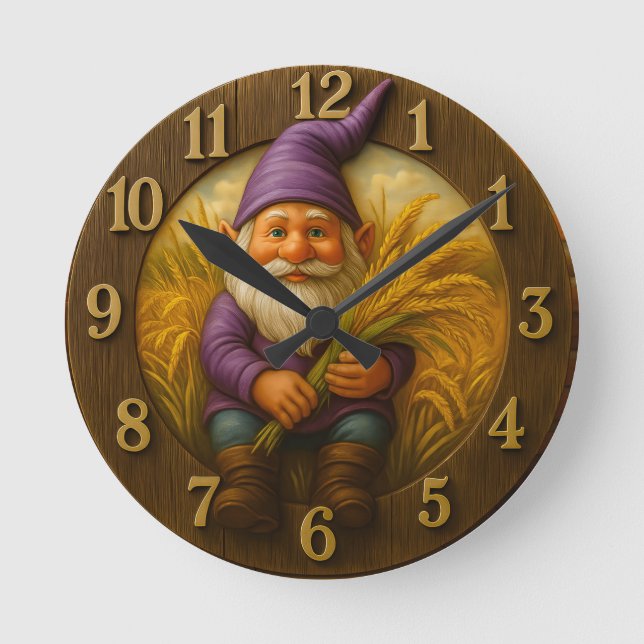 Rustic gnome harvest with golden wheat accents round clock (Front)