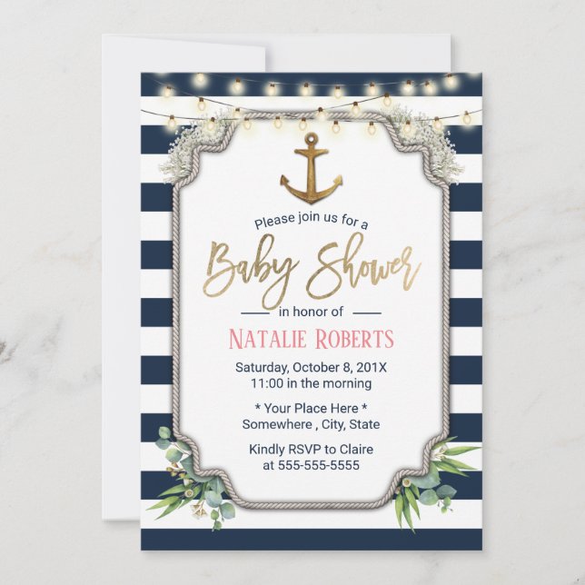 Rustic Gold Anchor Nautical Baby Shower Invitation (Front)