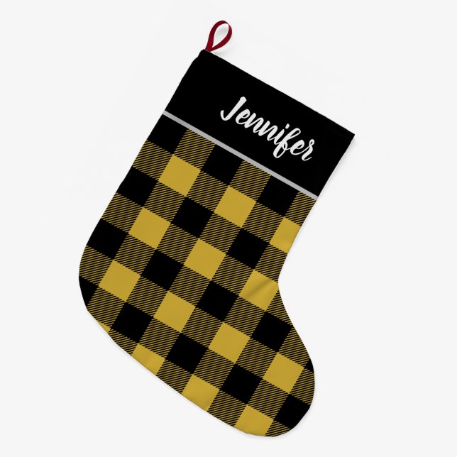 Rustic Gold and Black Buffalo Check Monogram Large Christmas Stocking (Front (Hanging))