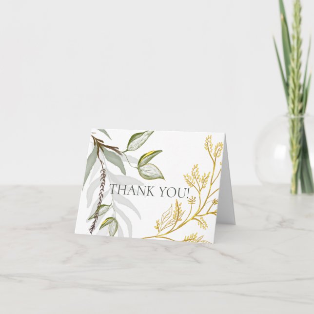 Rustic Gold and Sage Green Foliage Thank You Card (Front)