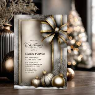 Rustic Gold and Silver Bow Christmas Party Invitation