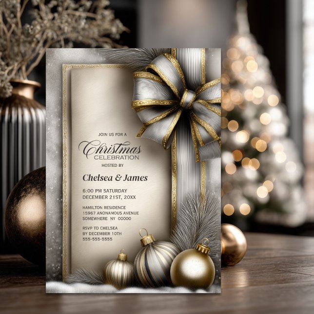 Rustic Gold and Silver Bow Christmas Party Invitation (Creator Uploaded)