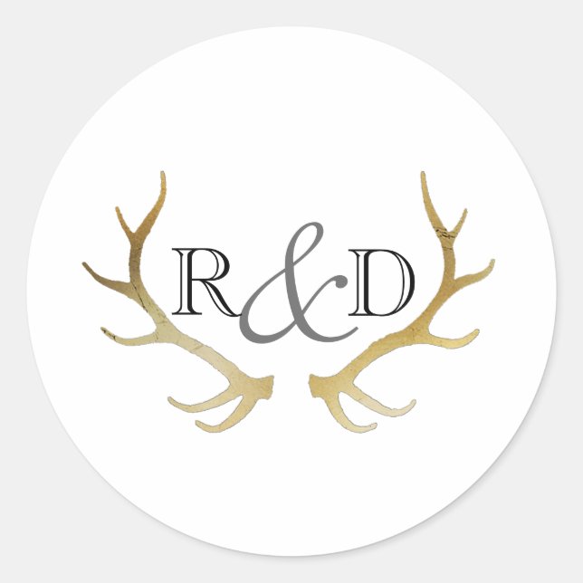 Rustic Gold Antler | Elegant Initial Wedding Classic Round Sticker (Front)