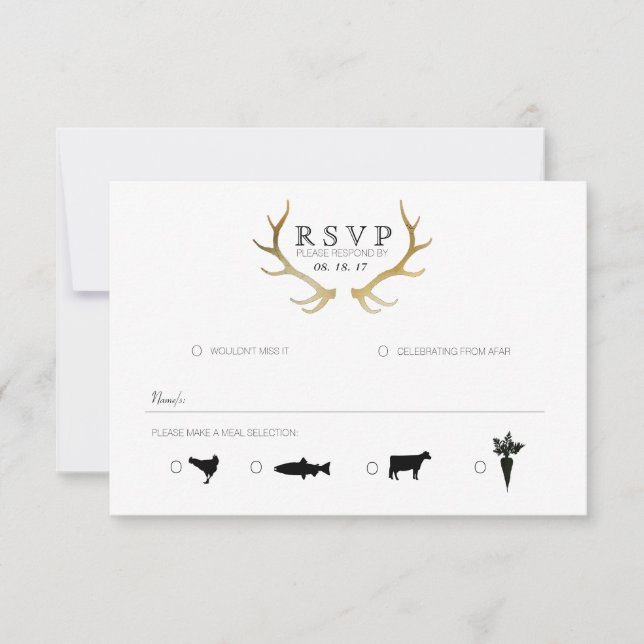 Rustic Gold Antler | Elegant RSVP Card (Front)
