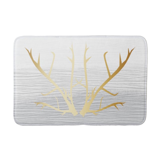 Rustic Gold Antlers on White & Grey Faded Texture Bath Mat (Front)