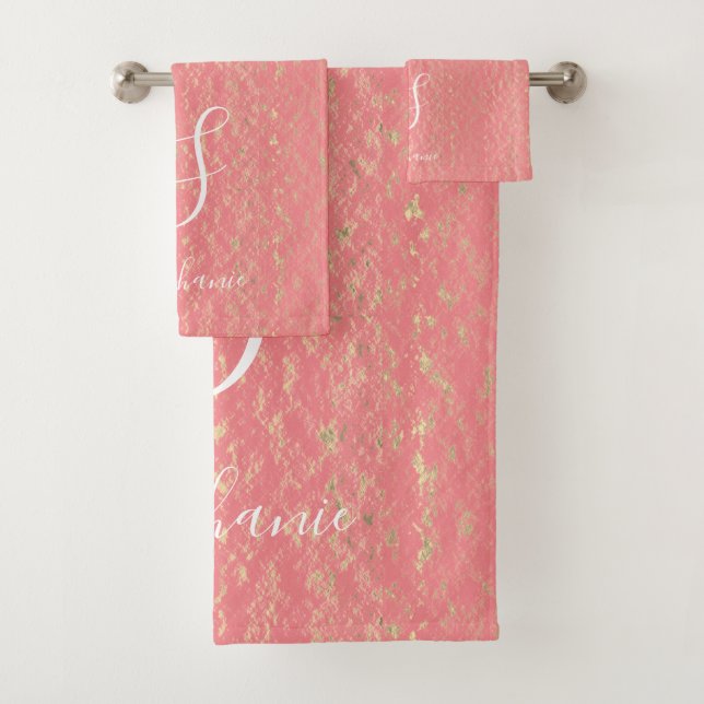 Rustic Gold Artsy Patterns Monograms Salmon Pink Bath Towel Set (Insitu)