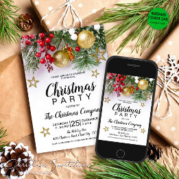 Rustic Gold Baubles Berries Stars Christmas Invitation