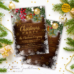 Rustic Gold Baubles Berries Stars Christmas Invitation