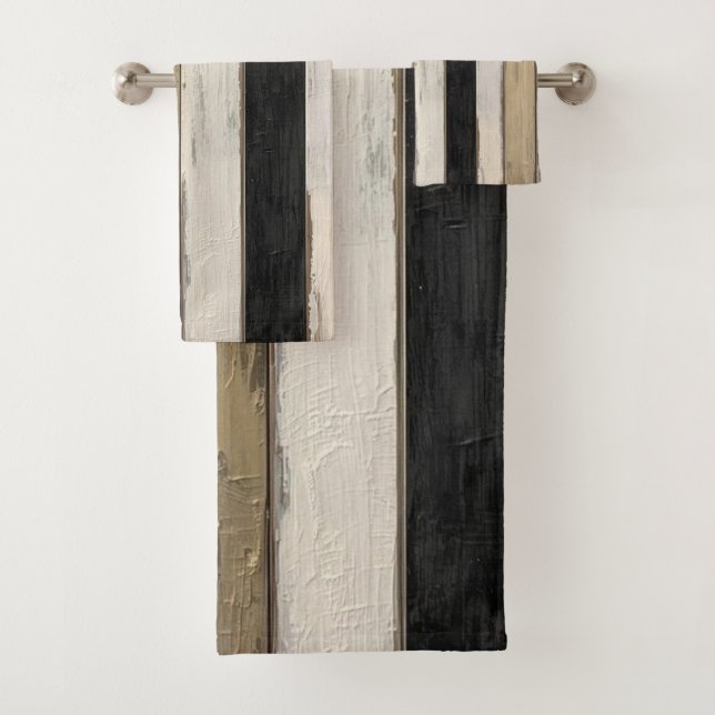 Rustic Gold Black Cream Farmhouse Barnwood Stripe Bath Towel Set (Insitu)