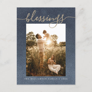 Rustic Gold Blessings Dark Blue Christmas Holiday Postcard