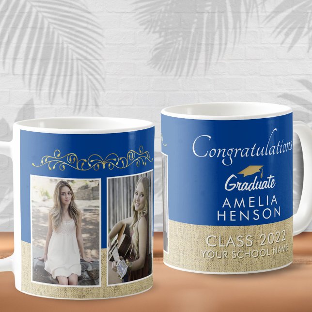 Rustic Gold Blue 2022 Graduate 2 Photo Graduation Coffee Mug (Creator Uploaded)