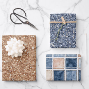 Rustic Gold Blue Glitter Faux Denim Birthday Wrapping Paper Sheet