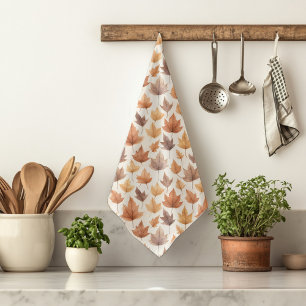 Rustic Gold Brown Watercolor Fall Leaves Pattern Kitchen Towel