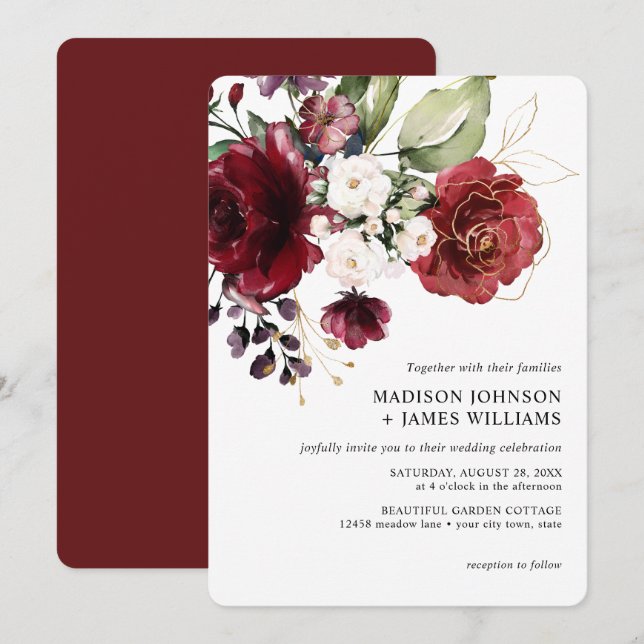 Rustic Gold Burgundy Wine Blush Floral Wedding Invitation (Front/Back)