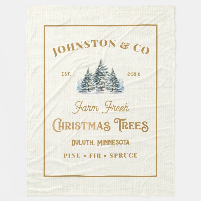 Rustic Gold Burlap Christmas Tree Farm Fleece Blanket (Front)