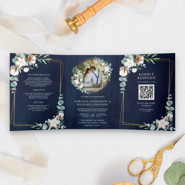 Rustic Gold Cotton Eucalyptus QR Code Navy Wedding Tri-Fold Invitation (Creator Uploaded)