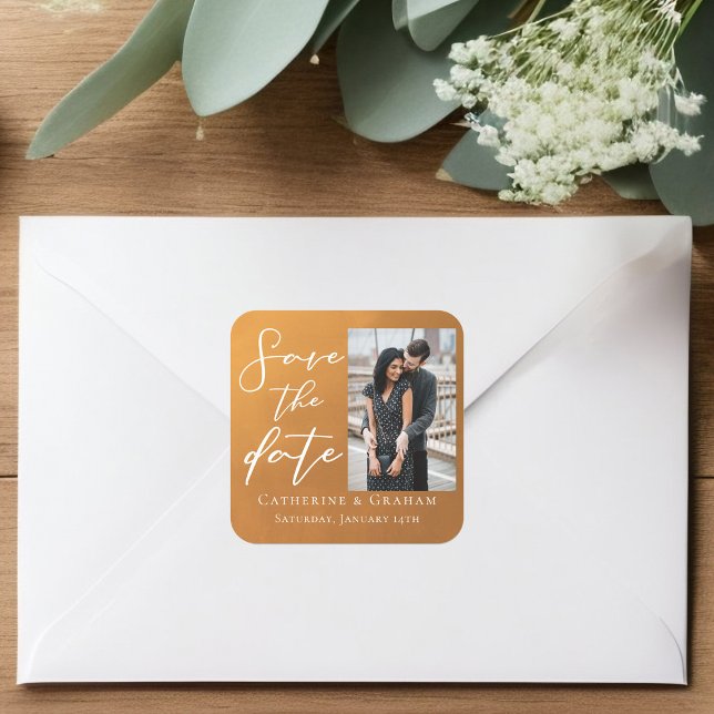 Rustic Gold Couple Photo Fall Save the Date Square Sticker (Creator Uploaded)