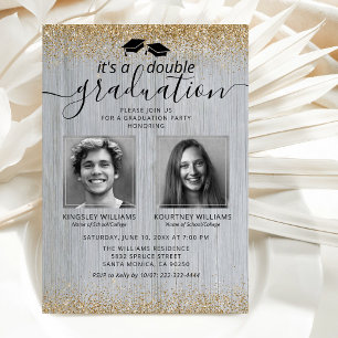 Rustic Gold Double Graduation Photo Invitation