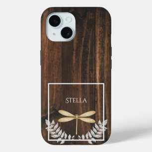 Rustic Gold Dragonfly Personalized iPhone 15 Case